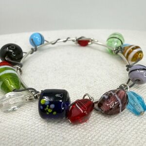 Lampwork Glass Bead Bracelet Formed Wire Hand Made Colorful Artsy Boho